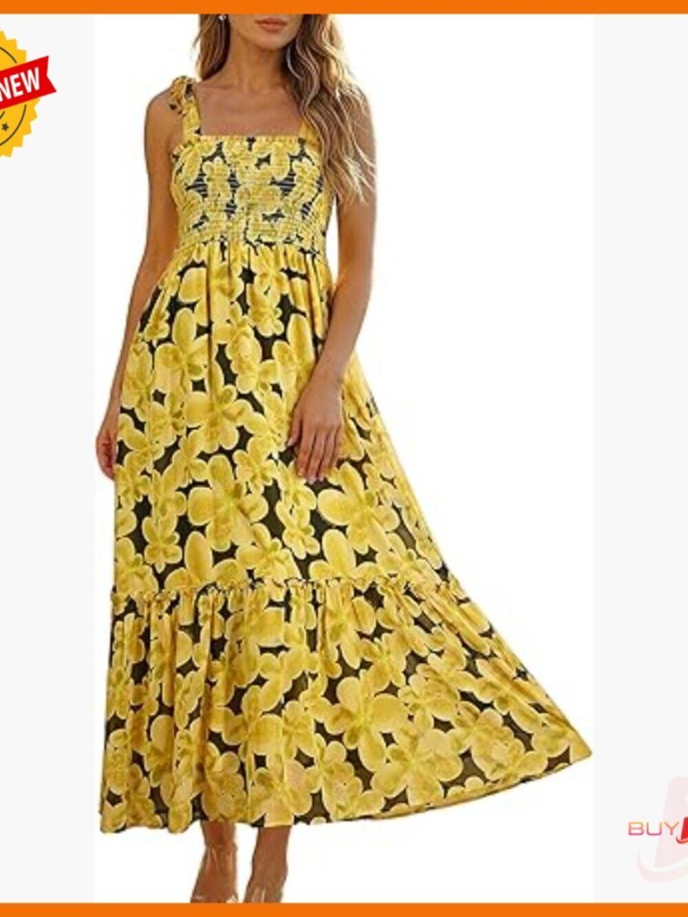 Summer Maxi Dress Floral Chiffon Smocked Bodice Tie Strap A-Line Boho